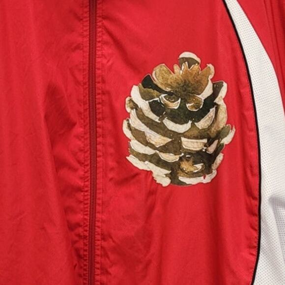 Hand Printed Upcycled Mens XL Woody Pine Cone Long Sleeve Full Zip Jacket - Picture 2 of 4